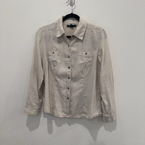 Style & Co Tops - Women’s Linen Tan Button Up Shirt Tab Sleeve Size 12 Resort Vacation Coastal